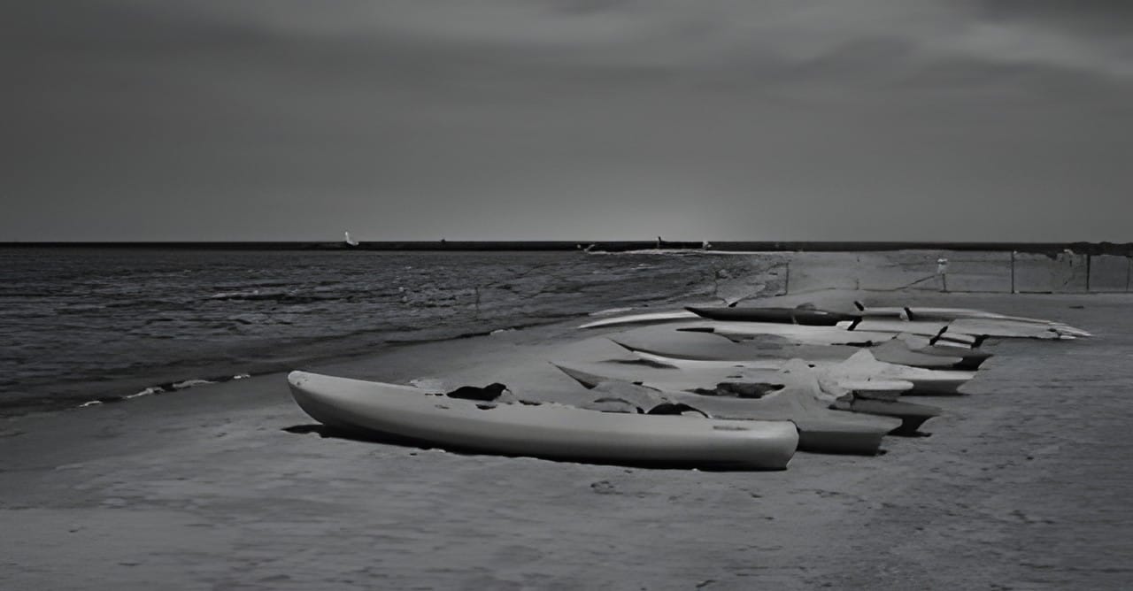 Kayaks lined along the shore