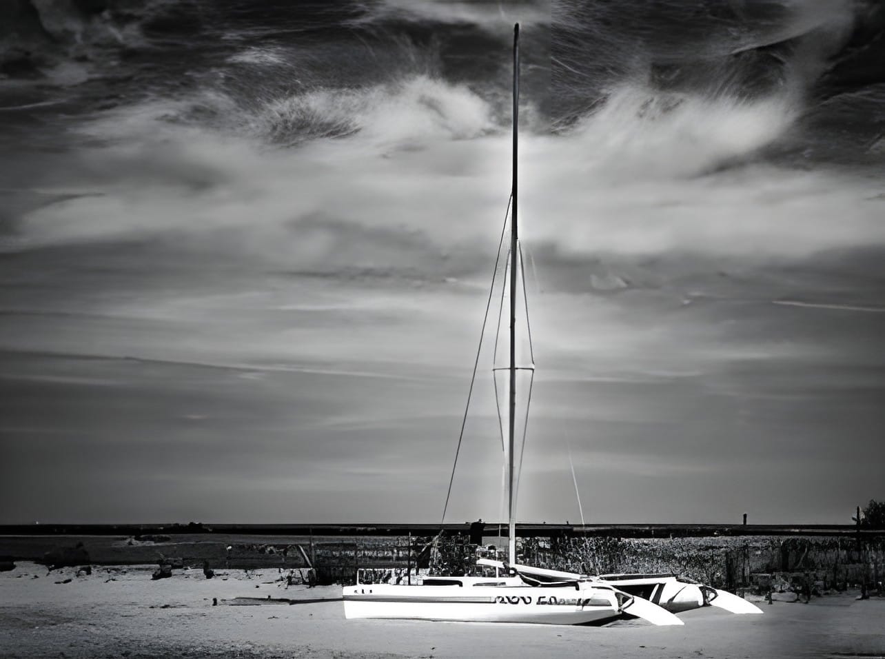 Sailboat resting beneath a dramatic sky
