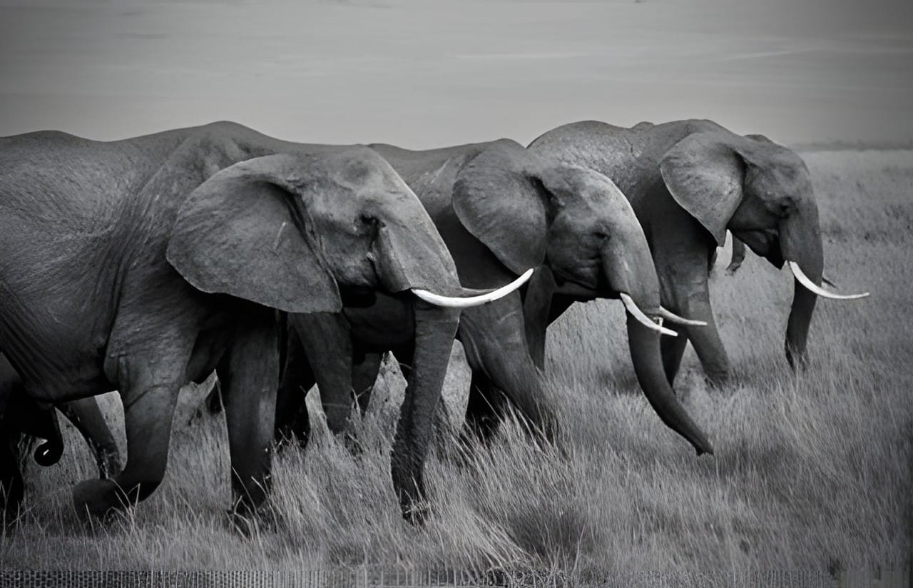 A line of elephants walking across open ground, black and white