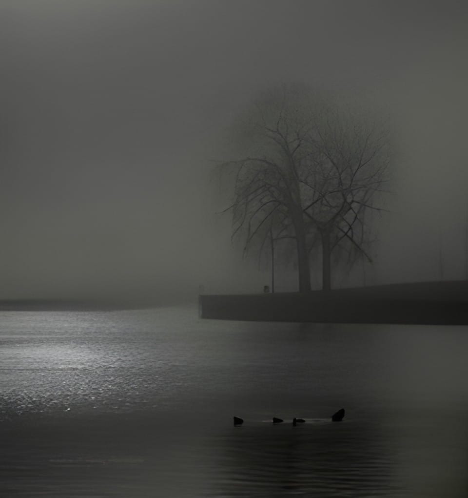 Ducks crossing a quiet foggy lake