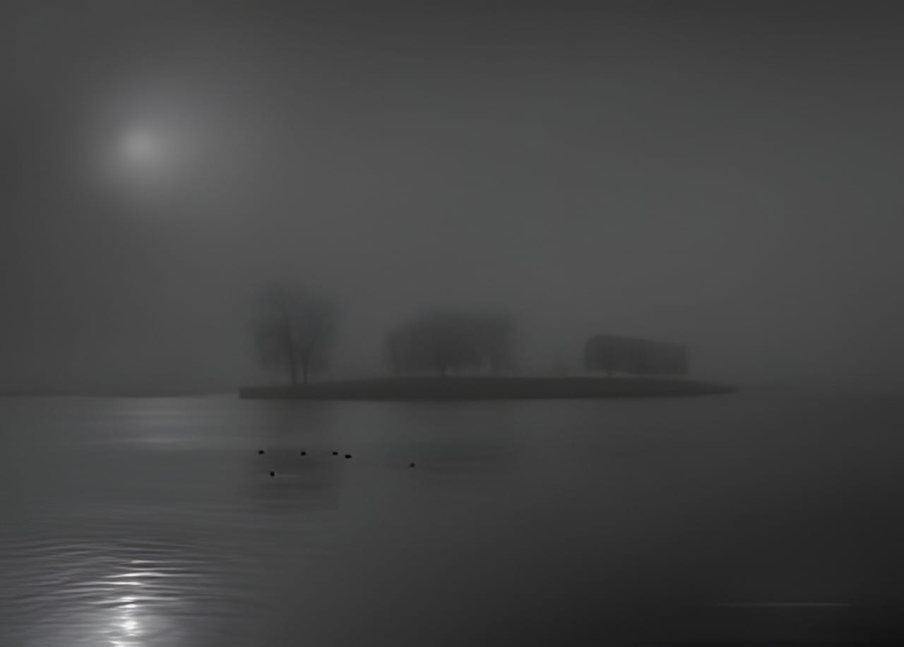 Trees on a small island in heavy fog
