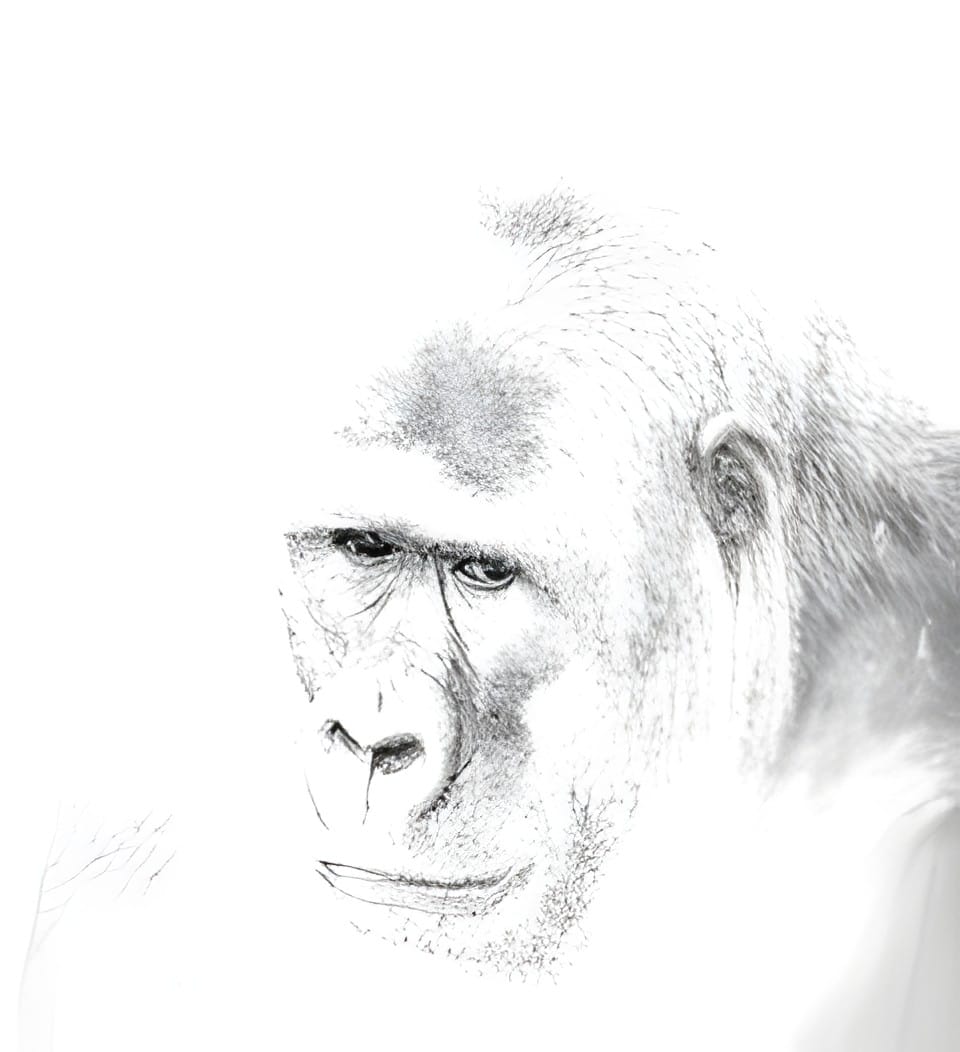 A gorilla in three quarter view dissolving into a white background