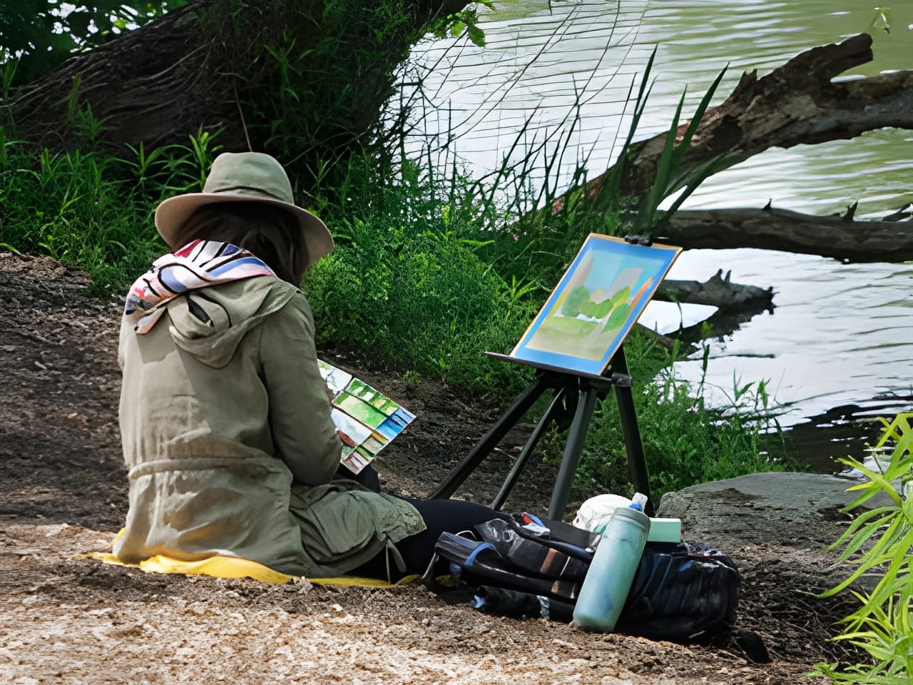 Painter working beside the water