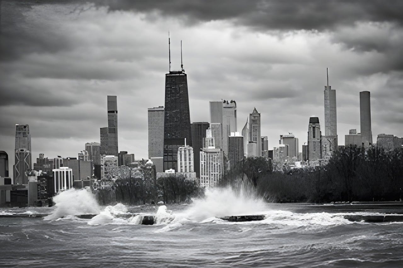 The Chicago skyline in black and white above a wave on the lake