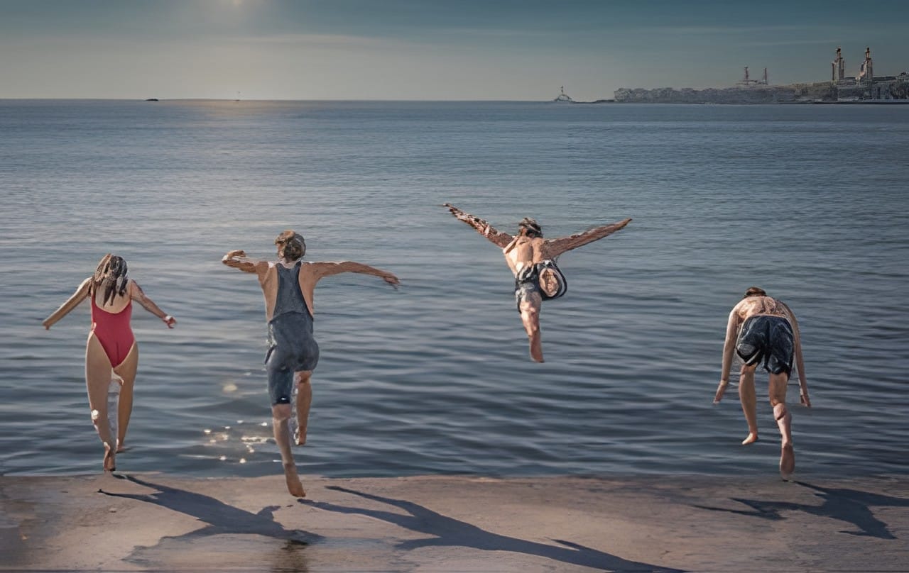 Four people jumping into the lake