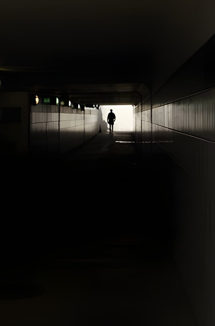 Lone figure walking toward light in a tunnel