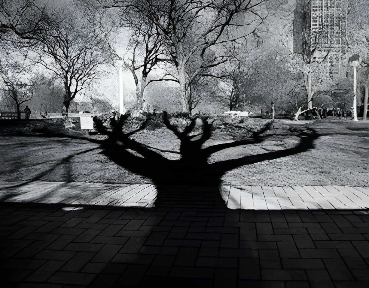 Branching tree shadow across a plaza