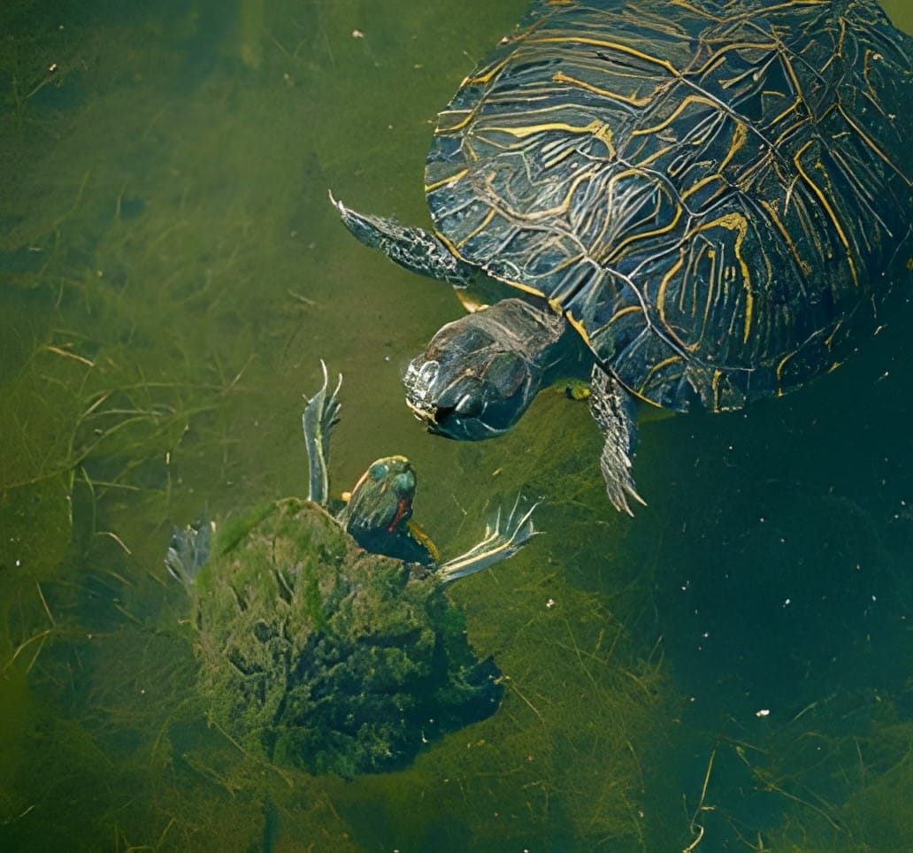 Turtles resting on a log in green water