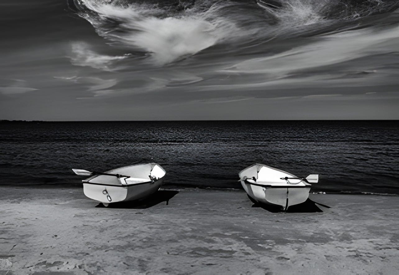 Two rowboats resting on shore