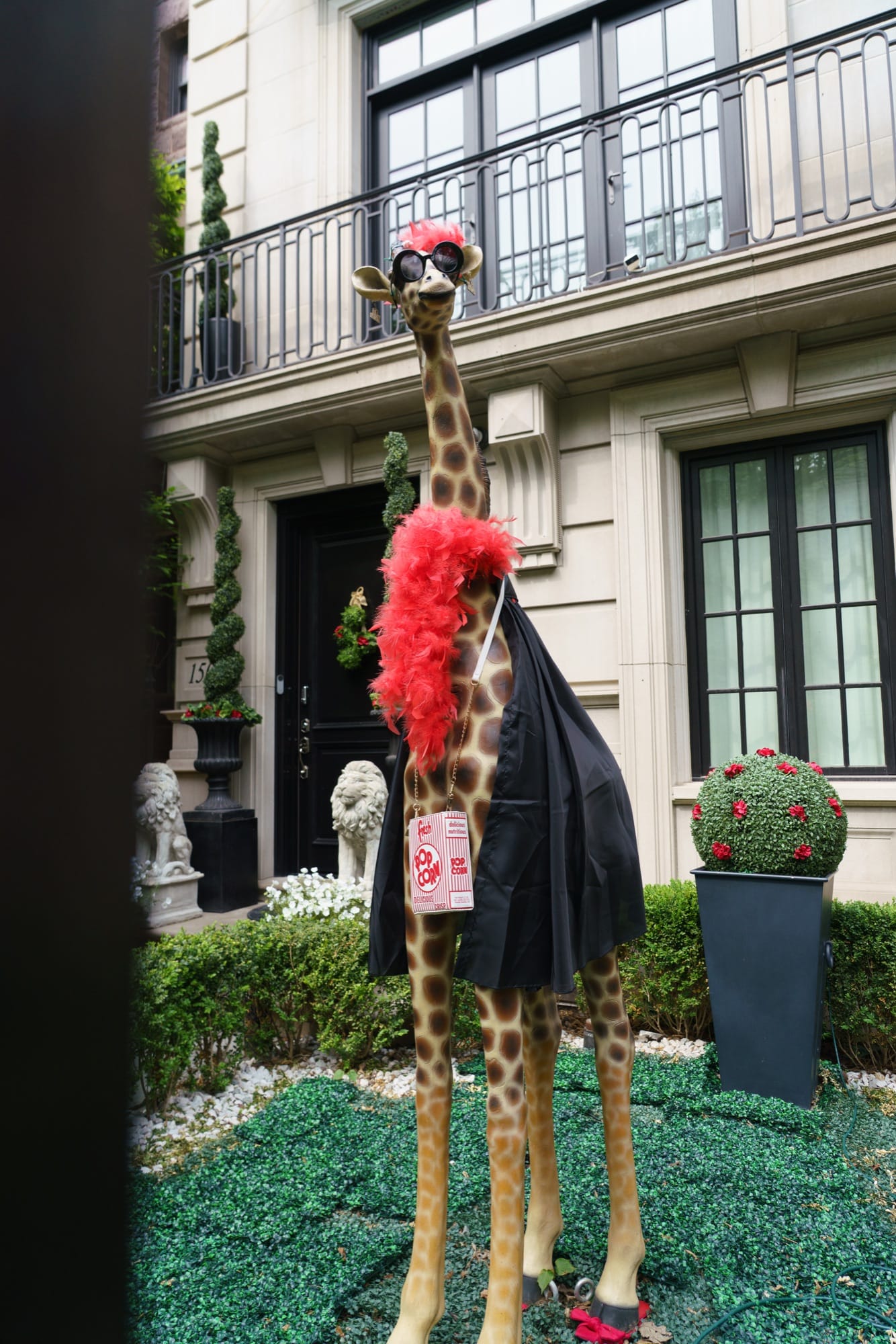 Whimsically decorated giraffe wearing a red boa