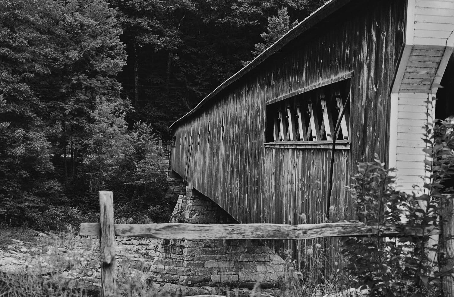A weathered covered bridge at the edge of a forest in black and white