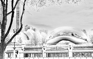 Cloud Gate, the Bean, with a bare tree in high contrast black and white