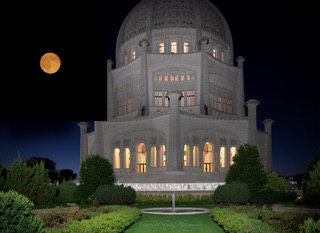 The Baha'i House of Worship glowing at night beneath a full moon